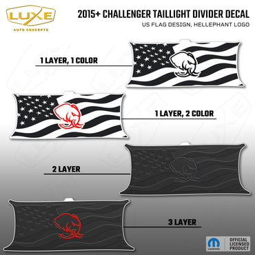 2015+ Challenger Taillight Center Divider Decal - US Flag Design, Hellephant Logo Kit