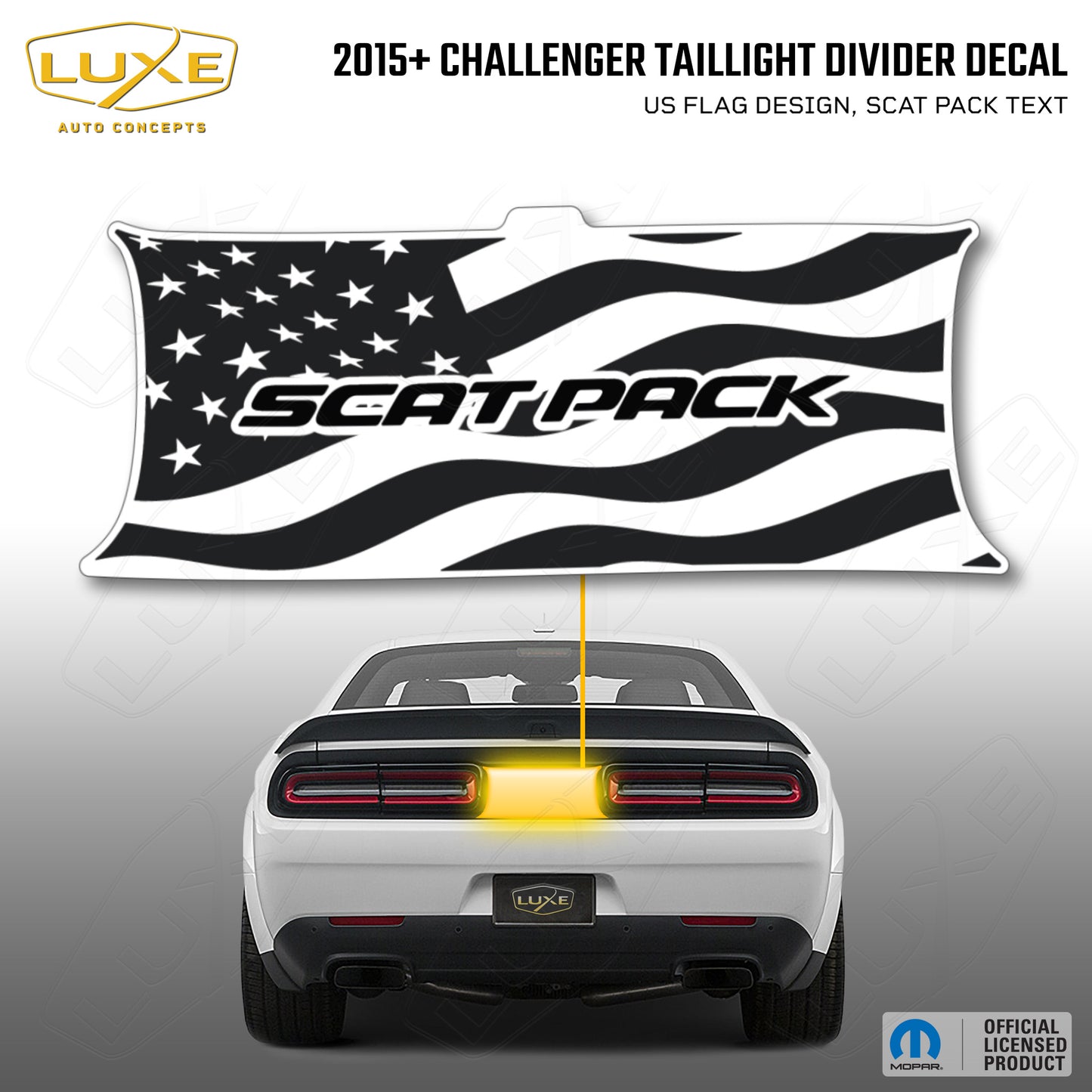 2015+ Challenger Taillight Center Divider Decal - US Flag Design, Scat Pack Text Kit