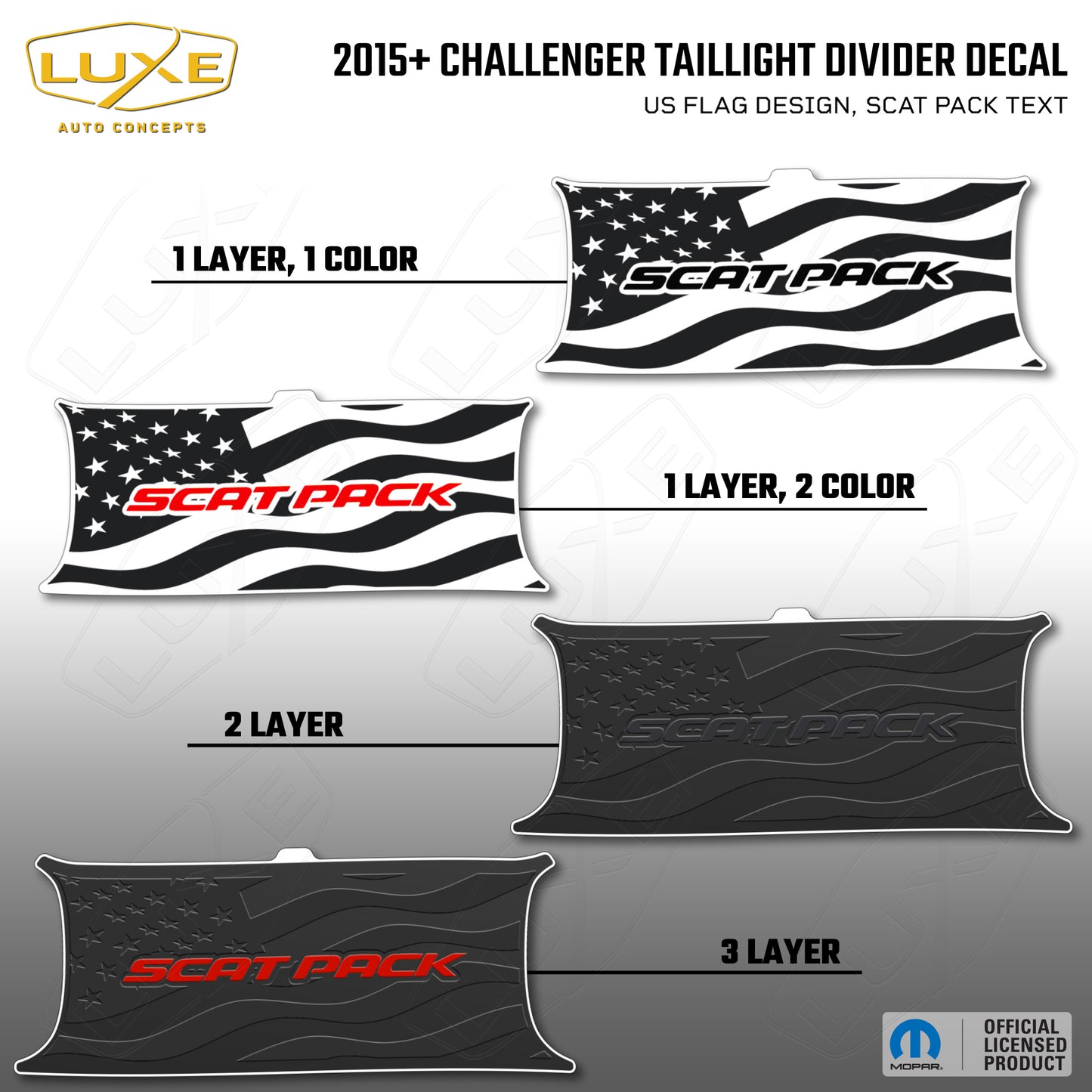 2015+ Challenger Taillight Center Divider Decal - US Flag Design, Scat Pack Text Kit