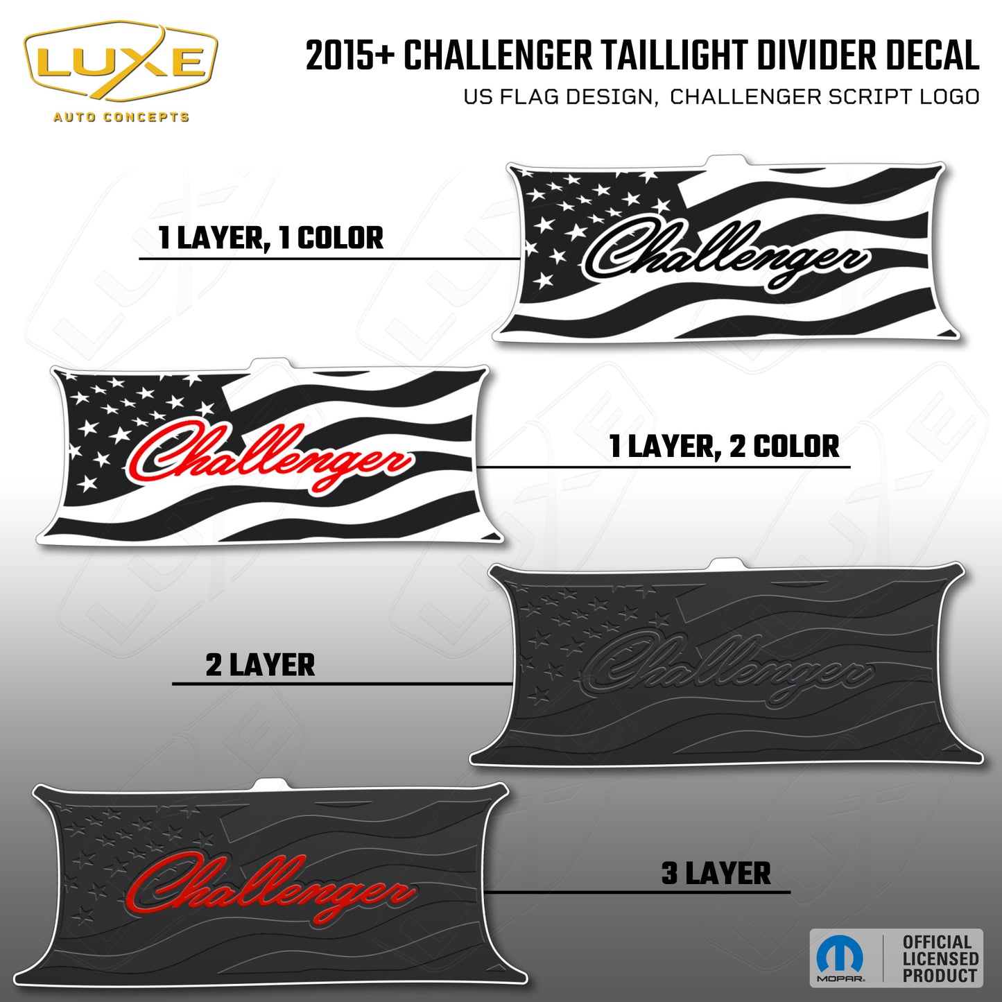 2015+ Challenger Taillight Center Divider Decal - US Flag Design, Challenger Script Logo Kit