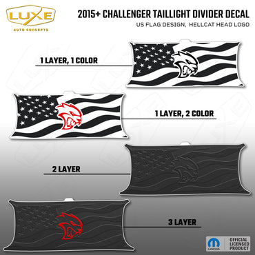 2015+ Challenger Taillight Center Divider Decal - US Flag Design, Hellcat Head Logo Kit