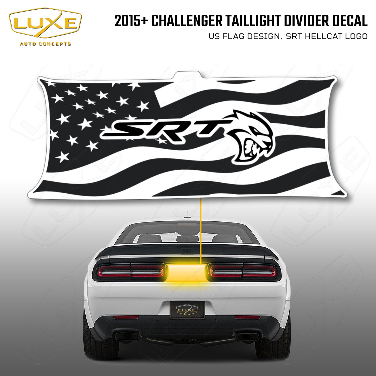 2015+ Challenger Taillight Center Divider Decal - US Flag Design, SRT Hellcat Logo Kit