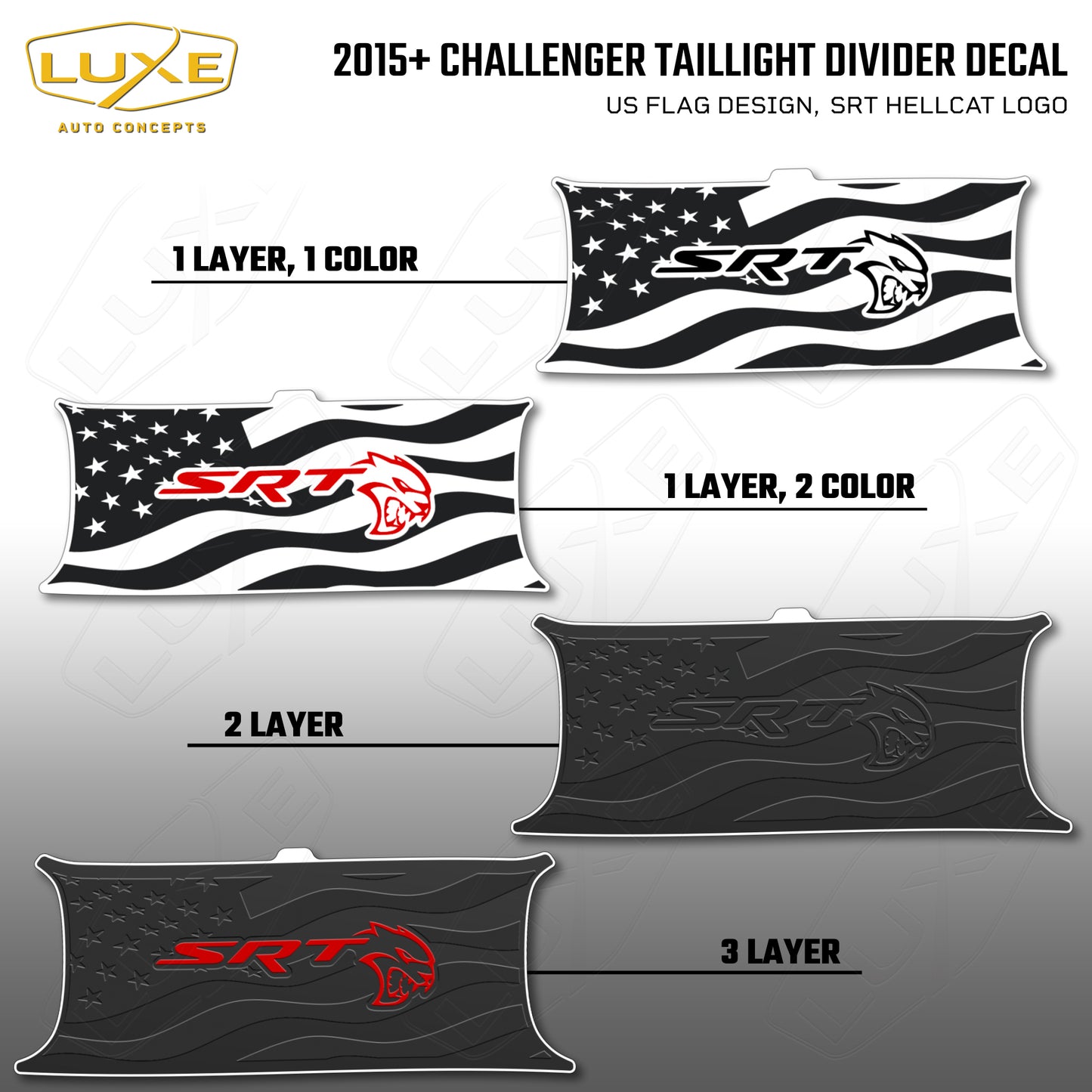 2015+ Challenger Taillight Center Divider Decal - US Flag Design, SRT Hellcat Logo Kit
