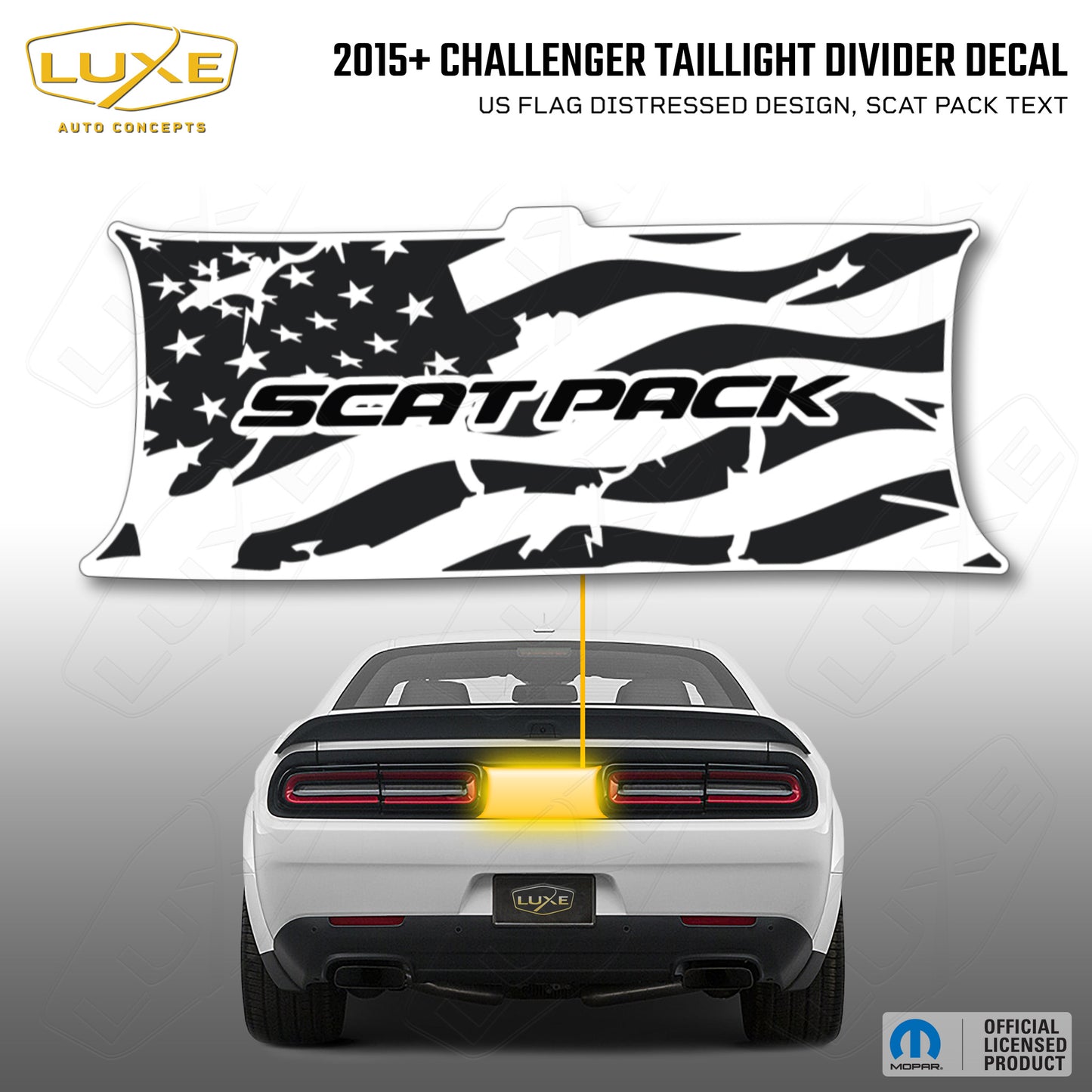 2015+ Challenger Taillight Center Divider Decal - US Flag Distressed Design, Scat Pack Text Kit