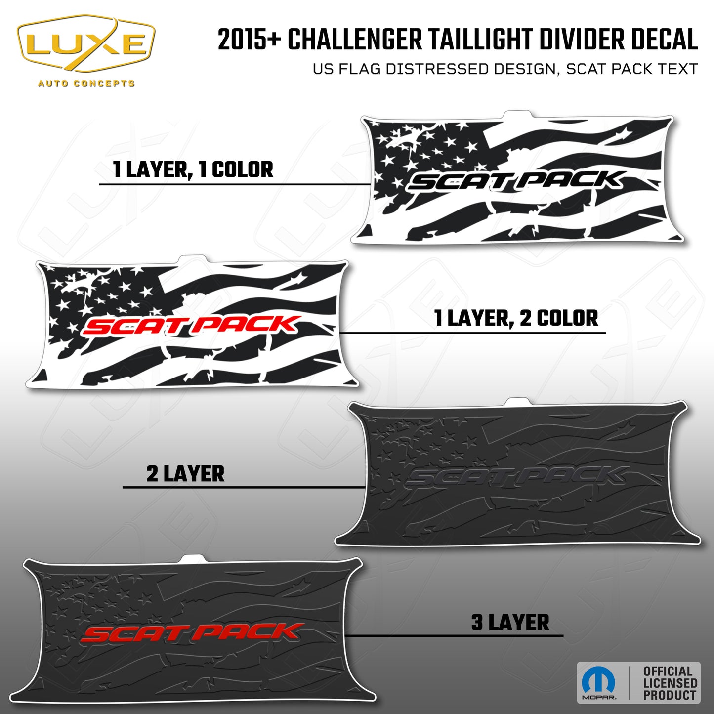 2015+ Challenger Taillight Center Divider Decal - US Flag Distressed Design, Scat Pack Text Kit