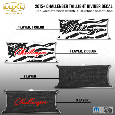2015+ Challenger Taillight Center Divider Decal - US Flag Distressed Design, Challenger Script Logo Kit