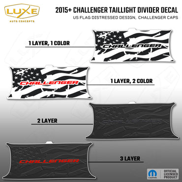 2015+ Challenger Taillight Center Divider Decal - US Flag Distressed Design, Challenger Caps Kit