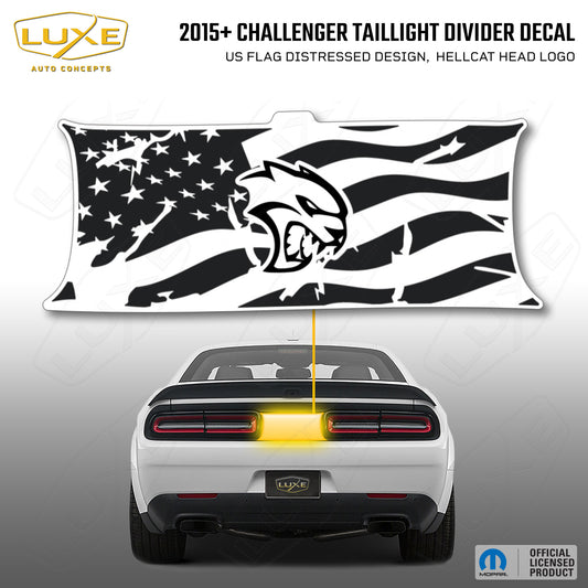 2015+ Challenger Taillight Center Divider Decal - US Flag Distressed Design, Hellcat Head Logo Kit