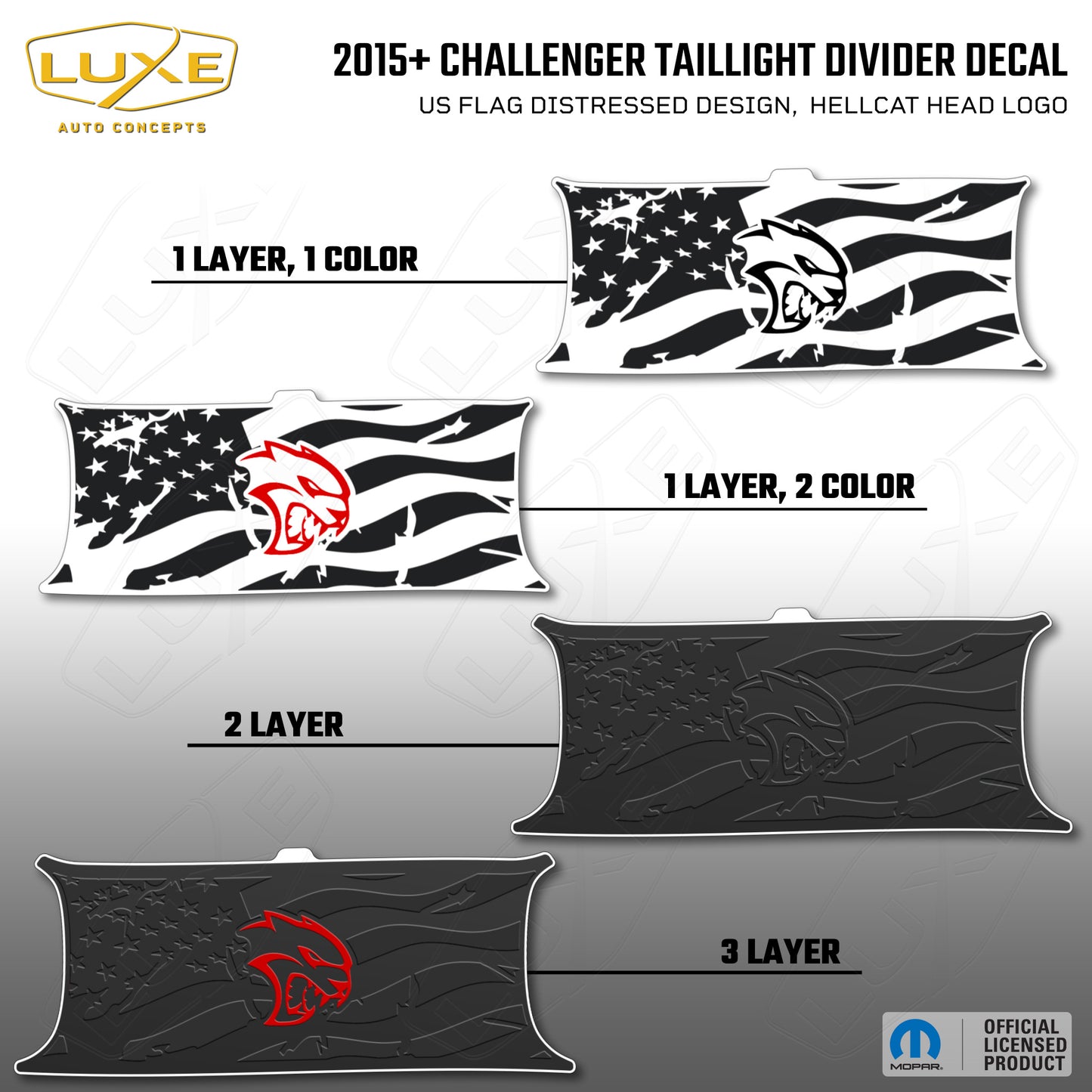 2015+ Challenger Taillight Center Divider Decal - US Flag Distressed Design, Hellcat Head Logo Kit
