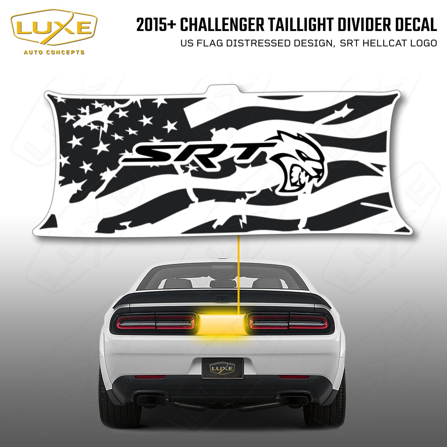 2015+ Challenger Taillight Center Divider Decal - US Flag Distressed Design, SRT Hellcat Logo Kit