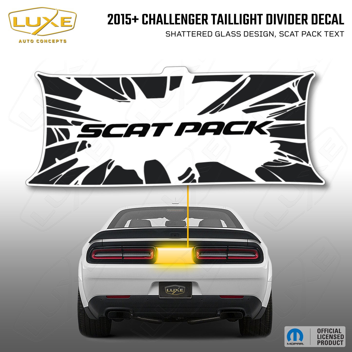 2015+ Challenger Taillight Center Divider Decal - Shattered Glass Design, Scat Pack Text Kit