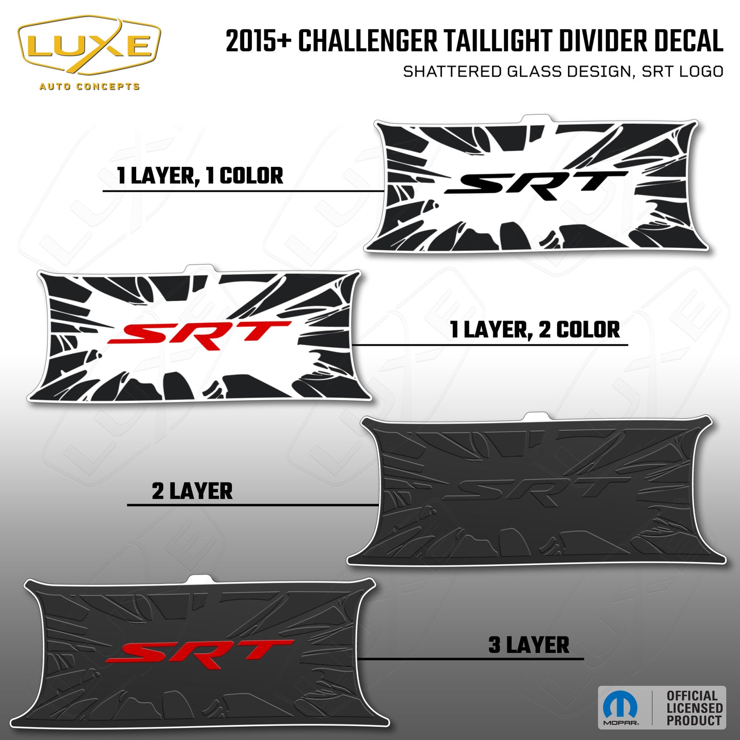 2015+ Challenger Taillight Center Divider Decal - Shattered Glass Design, SRT Logo Kit