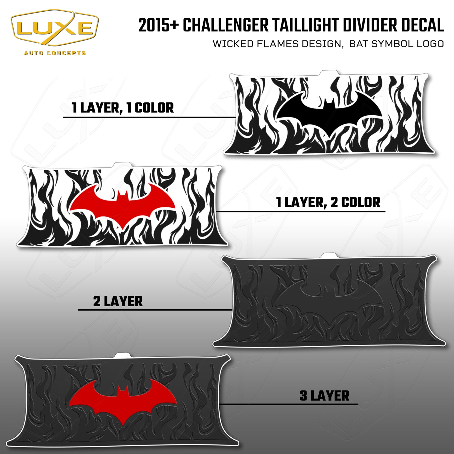 2015+ Challenger Taillight Center Divider Decal - Wicked Flames Design, Bat Symbol Kit
