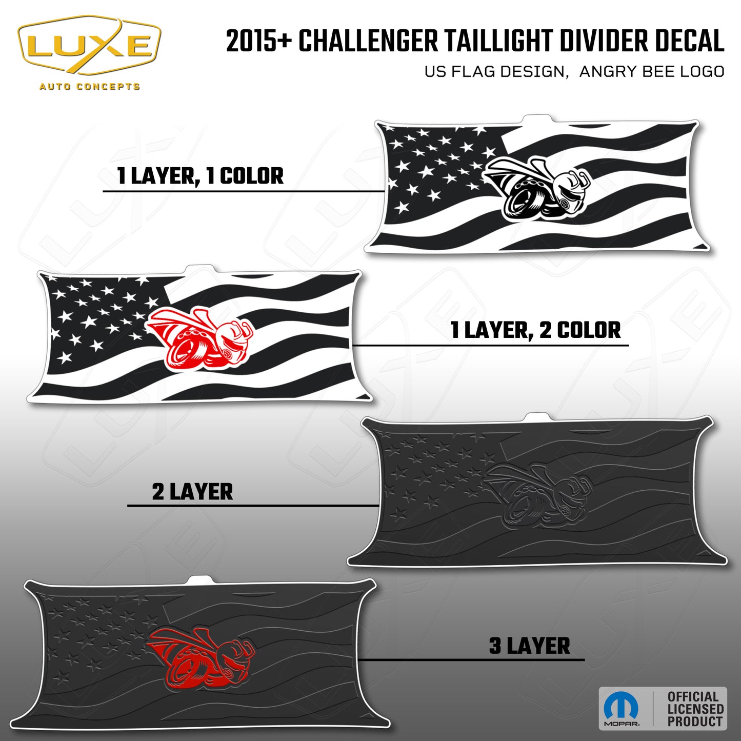 2015+ Challenger Taillight Center Divider Decal - US Flag Design, Angry Bee Logo Kit