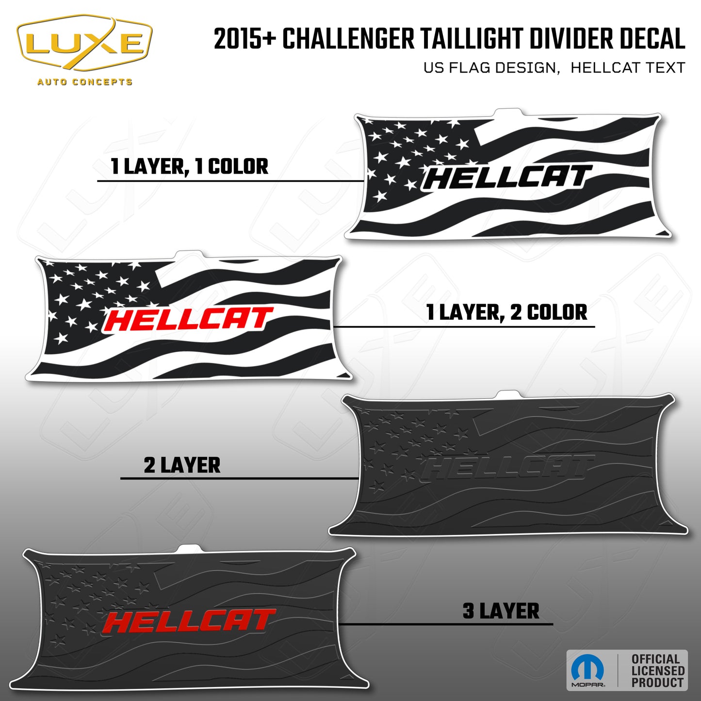 2015+ Challenger Taillight Center Divider Decal - US Flag Design, Hellcat Text Kit