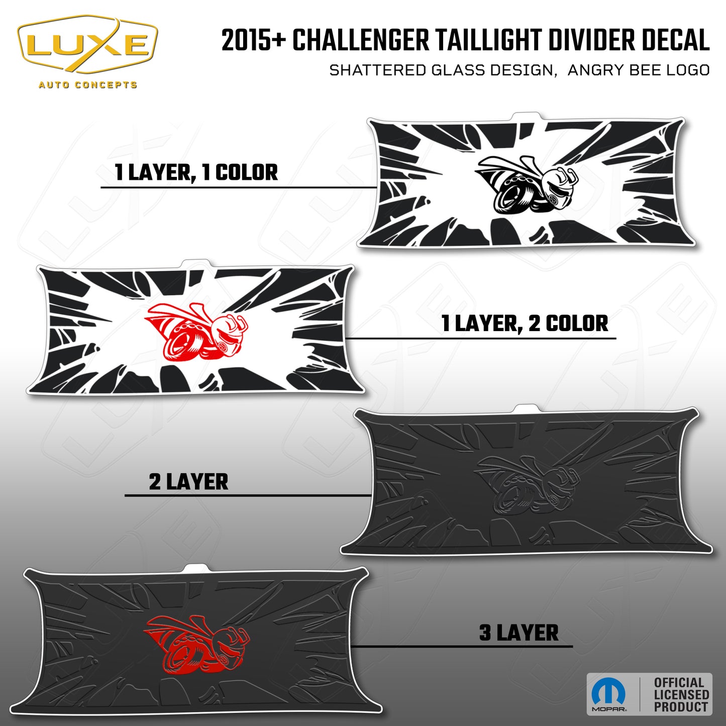 2015+ Challenger Taillight Center Divider Decal - Shattered Glass Design, Angry Bee Logo Kit