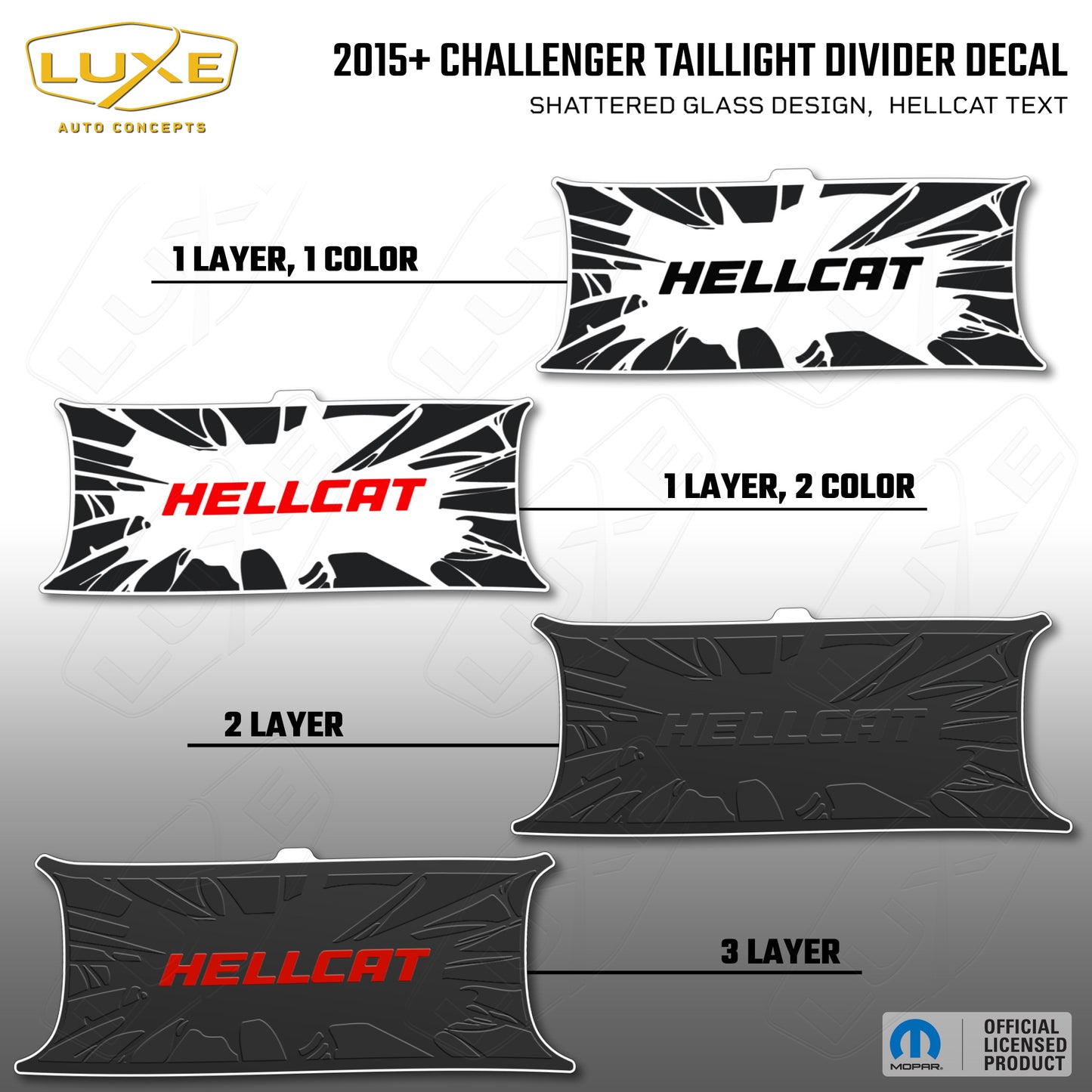 2015+ Challenger Taillight Center Divider Decal - Shattered Glass Design, Hellcat Text Kit