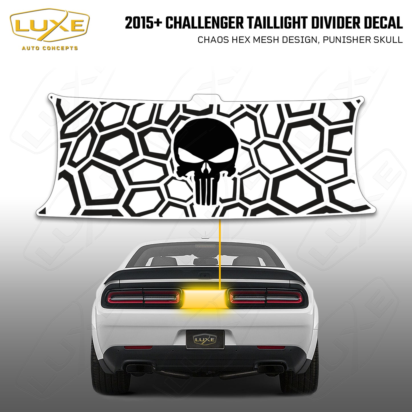 2015+ Challenger Taillight Center Divider Decal - Chaos Hex Mesh Design, Punisher Skull Kit