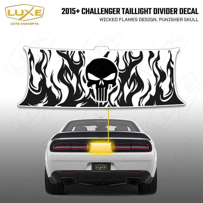 2015+ Challenger Taillight Center Divider Decal - Wicked Flames Design, Punisher Skull