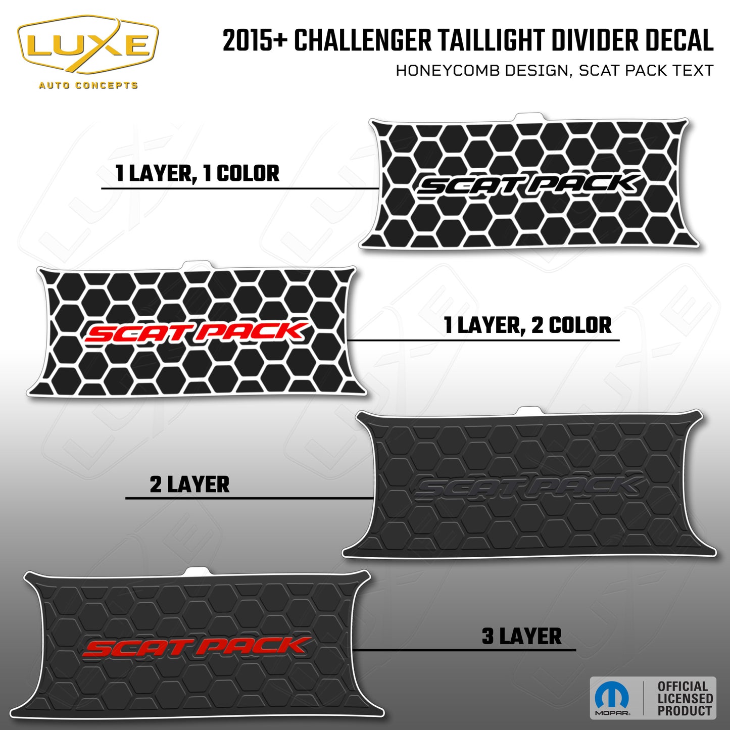 2015+ Challenger Taillight Center Divider Decal - Honeycomb Design, Scat Pack Text Kit