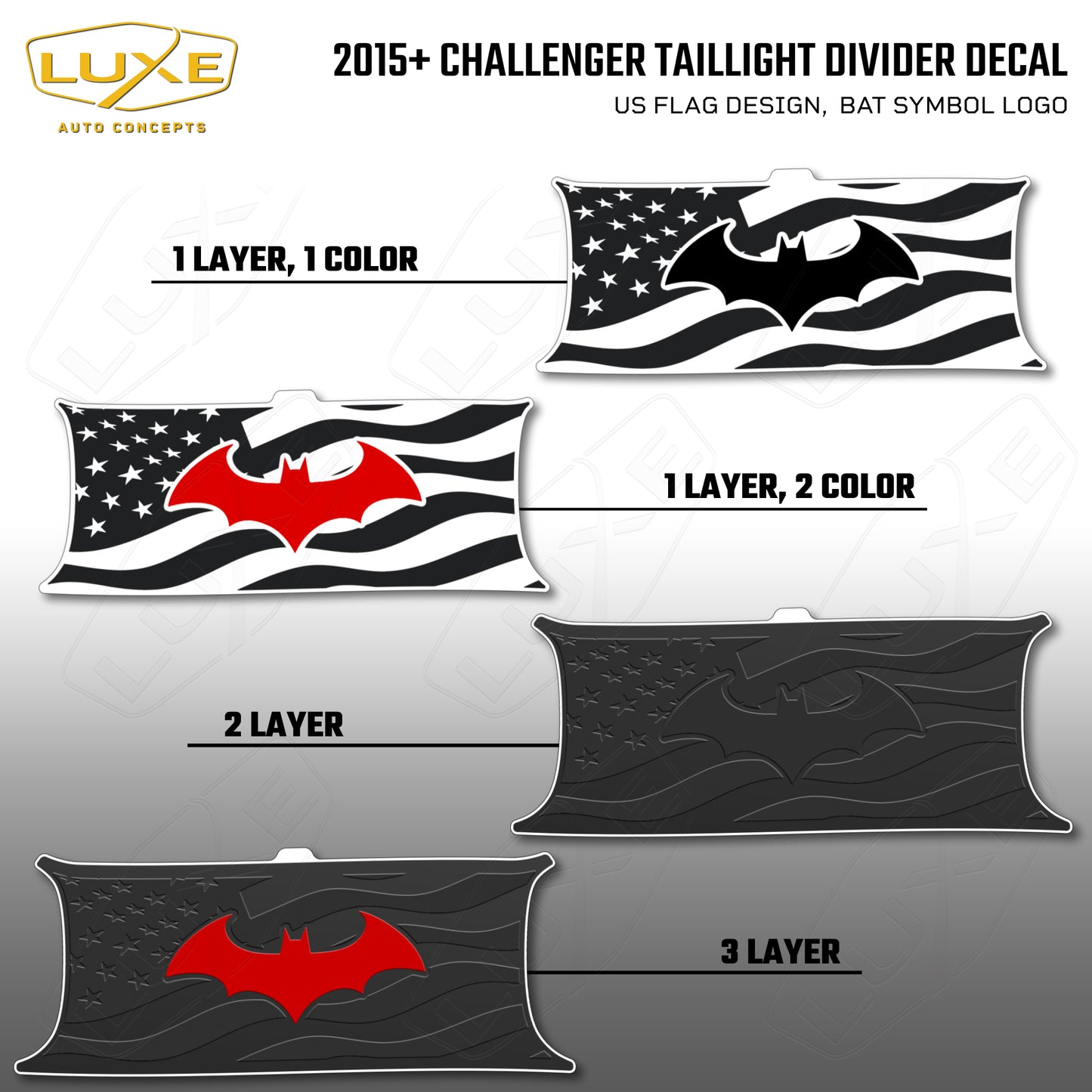 2015+ Challenger Taillight Center Divider Decal - US Flag Design, Bat Symbol