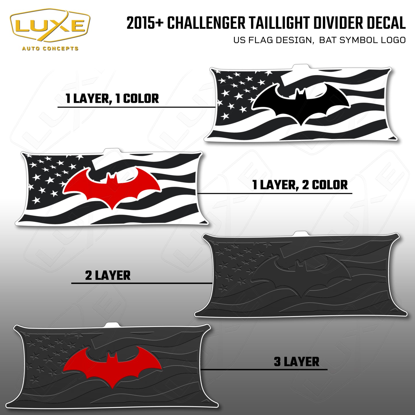 2015+ Challenger Taillight Center Divider Decal - US Flag Design, Bat Symbol Kit