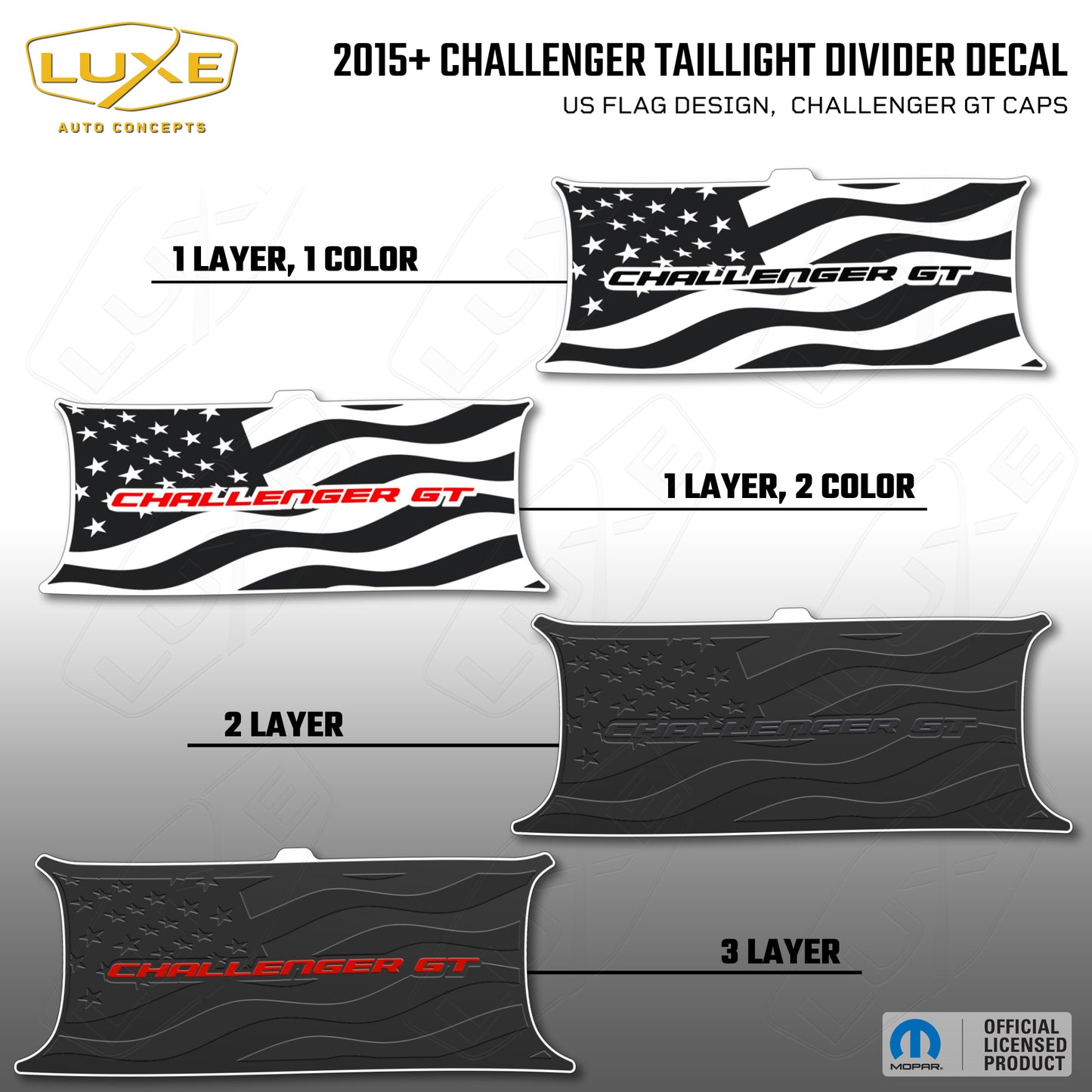 2015+ Challenger Taillight Center Divider Decal - US Flag Design, Challenger GT Caps Kit