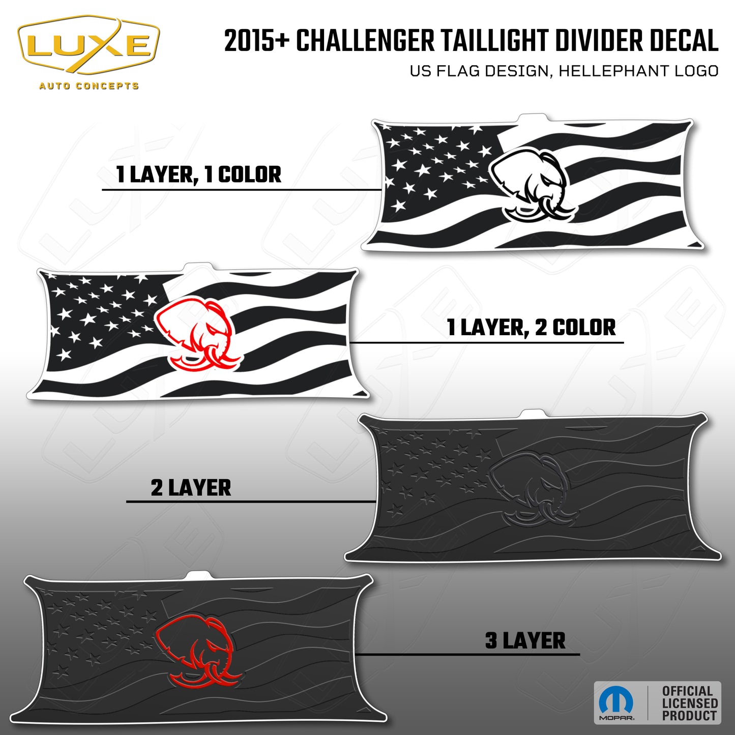 2015+ Challenger Taillight Center Divider Decal - US Flag Design, Hellephant Logo Kit