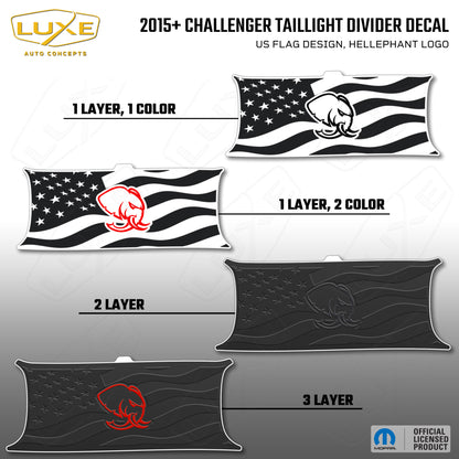 2015+ Challenger Taillight Center Divider Decal - US Flag Design, Hellephant Logo Kit