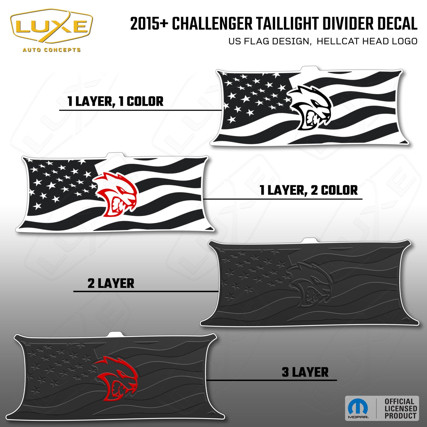2015+ Challenger Taillight Center Divider Decal - US Flag Design, Hellcat Head Logo Kit