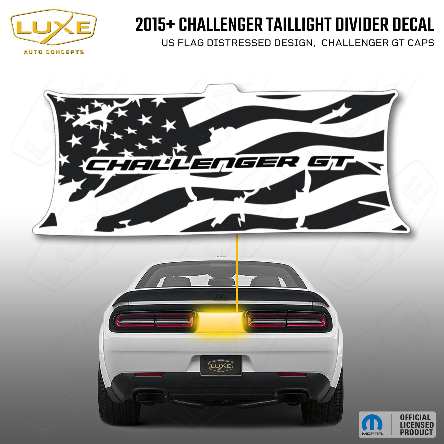 2015+ Challenger Taillight Center Divider Decal - US Flag Distressed Design, Challenger GT Caps Logo