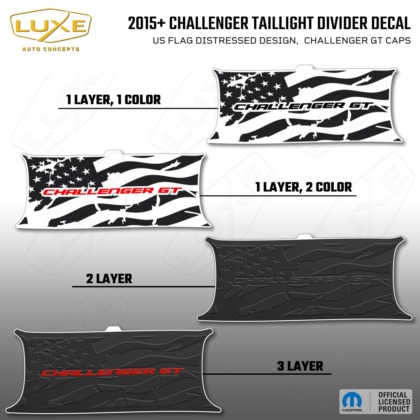 2015+ Challenger Taillight Center Divider Decal - US Flag Distressed Design, Challenger GT Caps Logo Kit