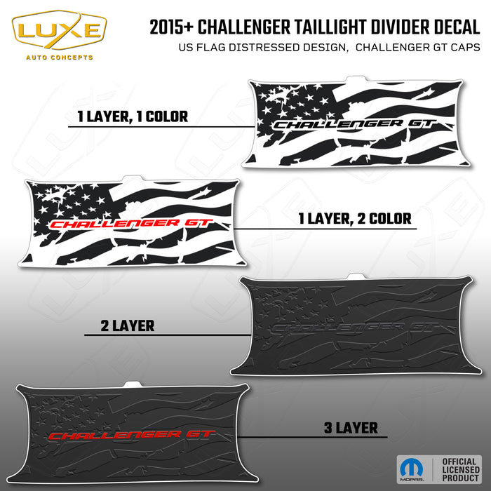 2015+ Challenger Taillight Center Divider Decal - US Flag Distressed Design, Challenger GT Caps Logo