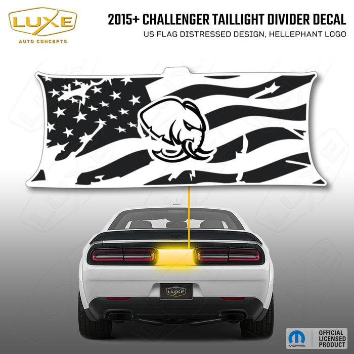2015+ Challenger Taillight Center Divider Decal - US Flag Distressed Design, Hellephant Logo