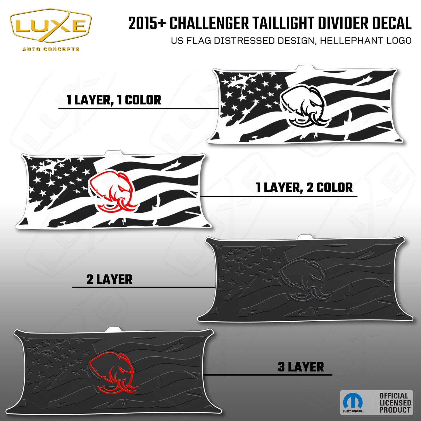 2015+ Challenger Taillight Center Divider Decal - US Flag Distressed Design, Hellephant Logo Kit