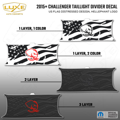 2015+ Challenger Taillight Center Divider Decal - US Flag Distressed Design, Hellephant Logo Kit