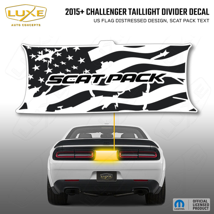 2015+ Challenger Taillight Center Divider Decal - US Flag Distressed Design, Scat Pack Text