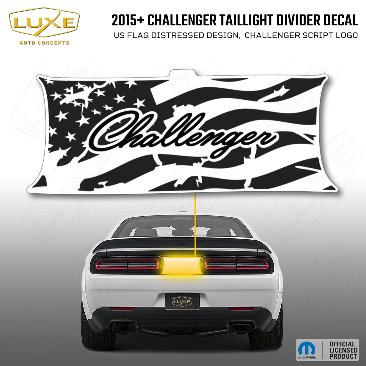 2015+ Challenger Taillight Center Divider Decal - US Flag Distressed Design, Challenger Script Logo Kit