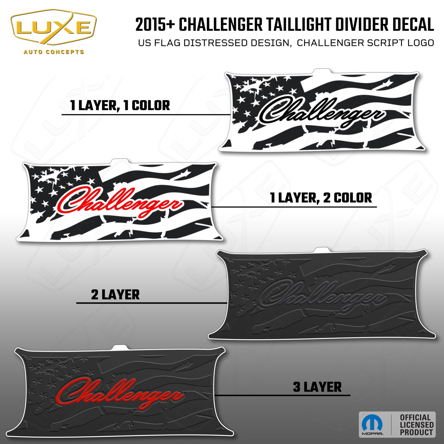 2015+ Challenger Taillight Center Divider Decal - US Flag Distressed Design, Challenger Script Logo Kit