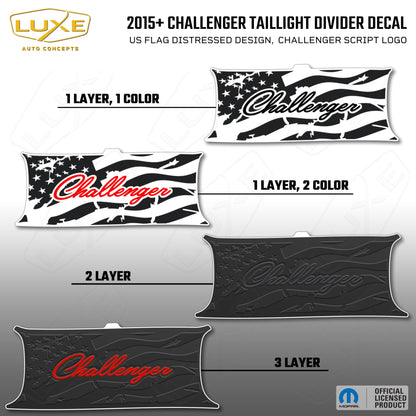2015+ Challenger Taillight Center Divider Decal - US Flag Distressed Design, Challenger Script Logo