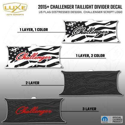 2015+ Challenger Taillight Center Divider Decal - US Flag Distressed Design, Challenger Script Logo Kit