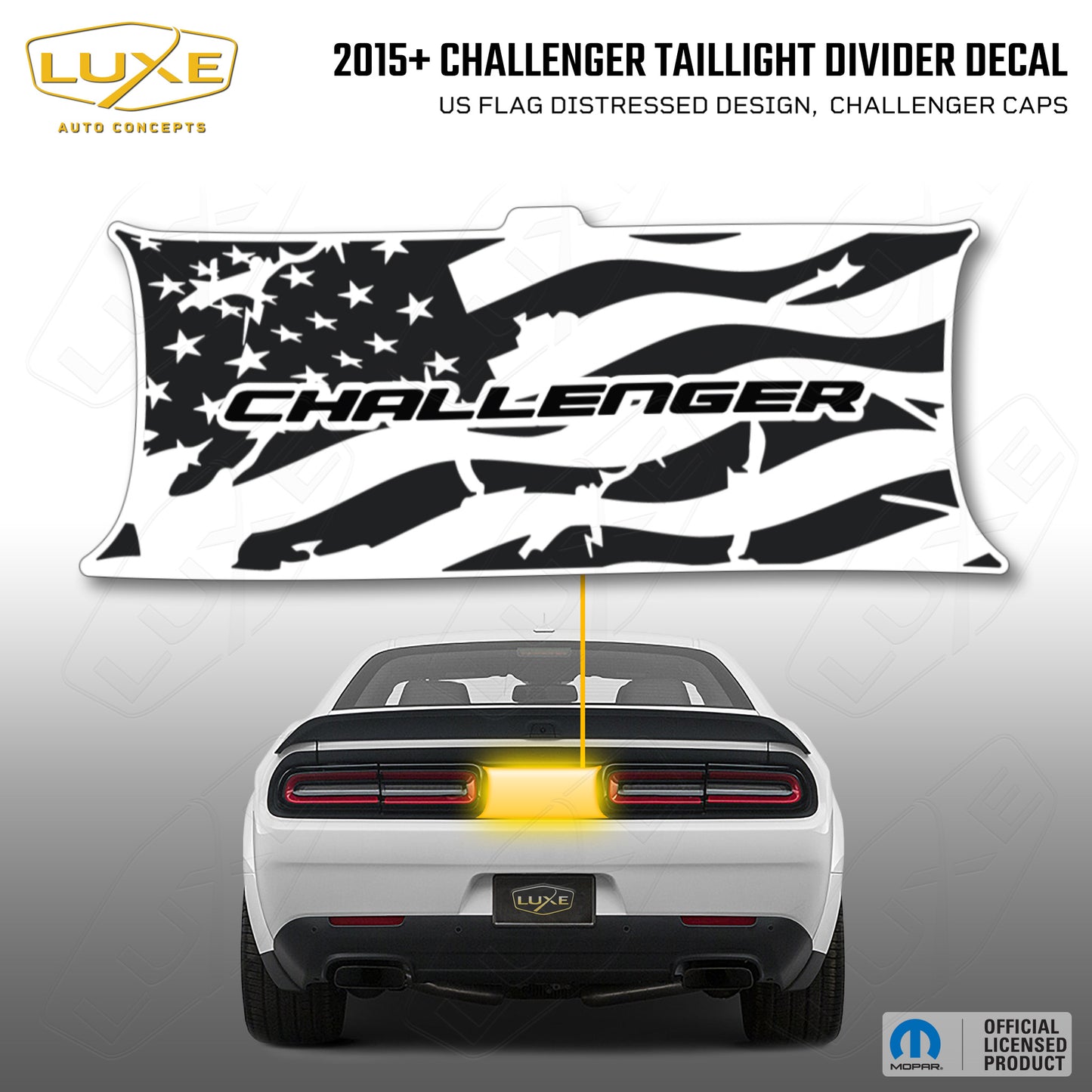 2015+ Challenger Taillight Center Divider Decal - US Flag Distressed Design, Challenger Caps Kit