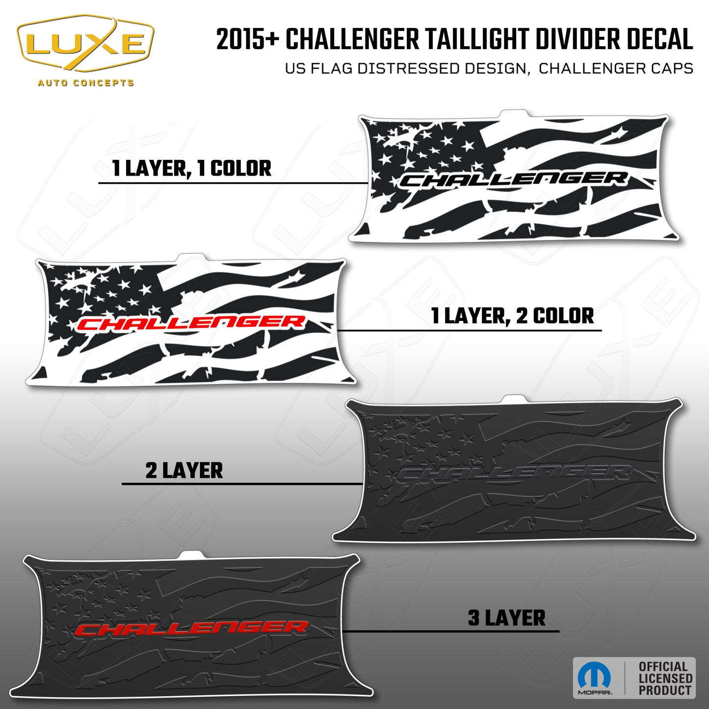 2015+ Challenger Taillight Center Divider Decal - US Flag Distressed Design, Challenger Caps Kit