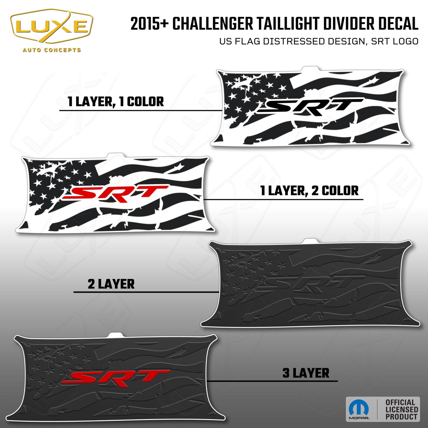 2015+ Challenger Taillight Center Divider Decal - US Flag Distressed Design, SRT Logo
