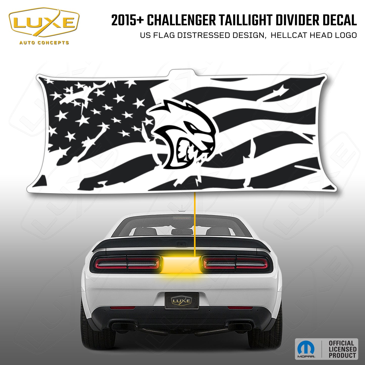 2015+ Challenger Taillight Center Divider Decal - US Flag Distressed Design, Hellcat Head Logo Kit
