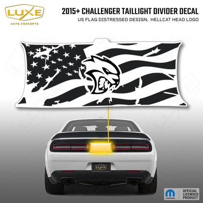 2015+ Challenger Taillight Center Divider Decal - US Flag Distressed Design, Hellcat Head Logo