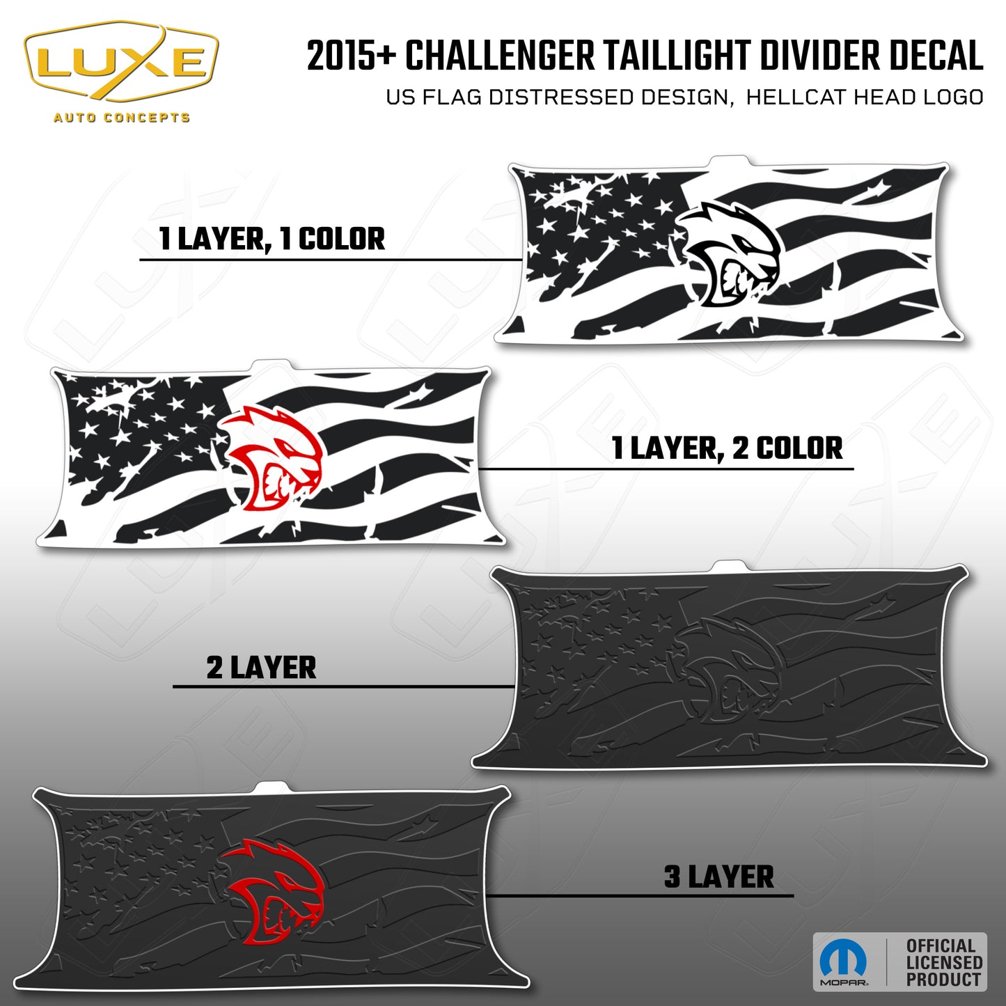 2015+ Challenger Taillight Center Divider Decal - US Flag Distressed Design, Hellcat Head Logo