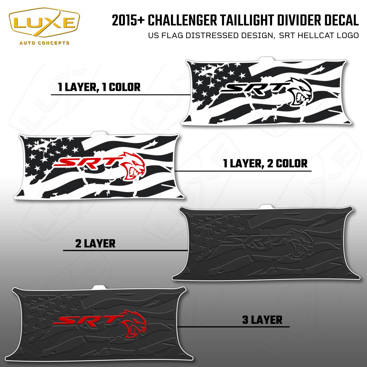 2015+ Challenger Taillight Center Divider Decal - US Flag Distressed Design, SRT Hellcat Logo