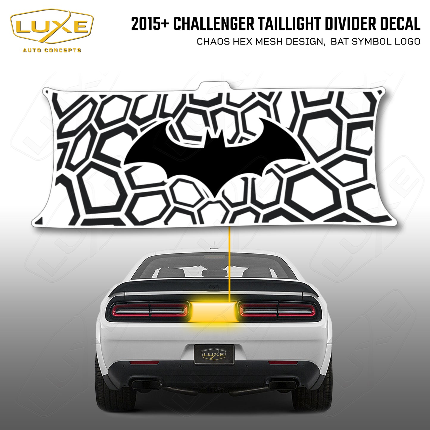 2015+ Challenger Taillight Center Divider Decal - Chaos Hex Mesh Design, Bat Symbol Kit