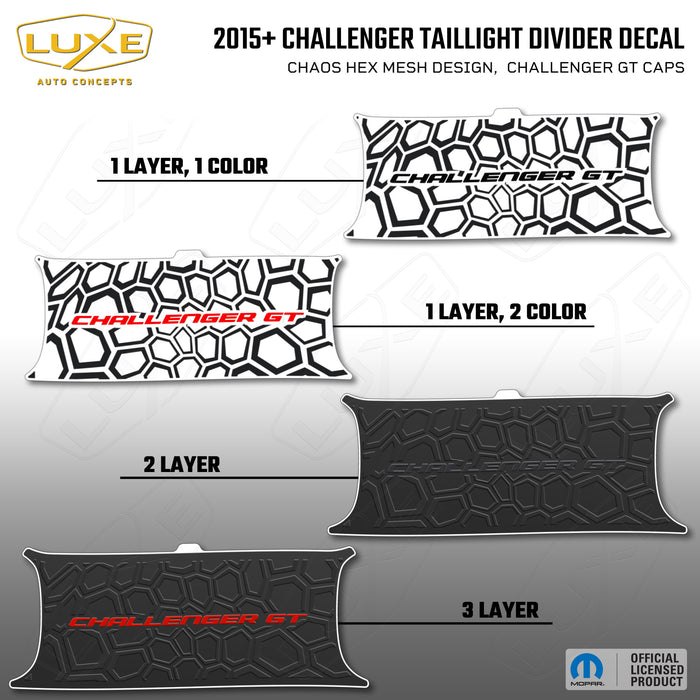 2015+ Challenger Taillight Center Divider Decal - Chaos Hex Mesh Design, Challenger GT Caps Logo